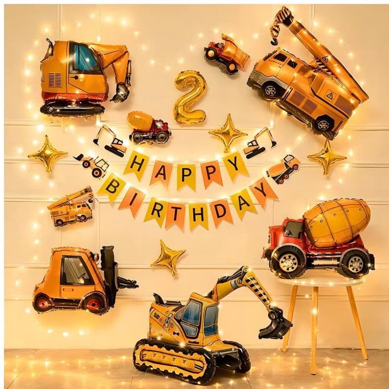 Boy Car Excavator Theme Balloon Birthday Baby Child Party Decoration Scene Background Wall 2 Years Old