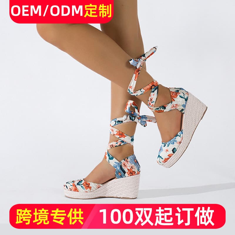 New Spring/Autumn Wedge Heel Sandals for Women, Thick Sole, Rope-Wrapped, Closed Toe, Ankle Strap, Floral Fabric, High Heel, Suitable for Export to Europe and America