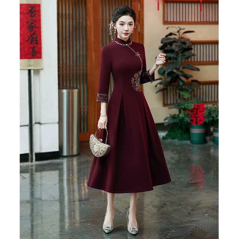 Xi Po Po Wedding Banquet Cheongsam Wine Red Dress New Mother of the Bride Long Sleeve Dress Autumn Winter High-End Style