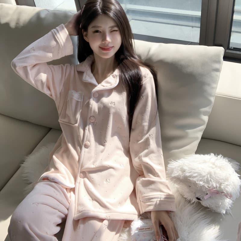 Aixin - 2025 Winter New Style Sea Island Velvet Embossed Bow Cardigan Set Thickened Casual Homewear.