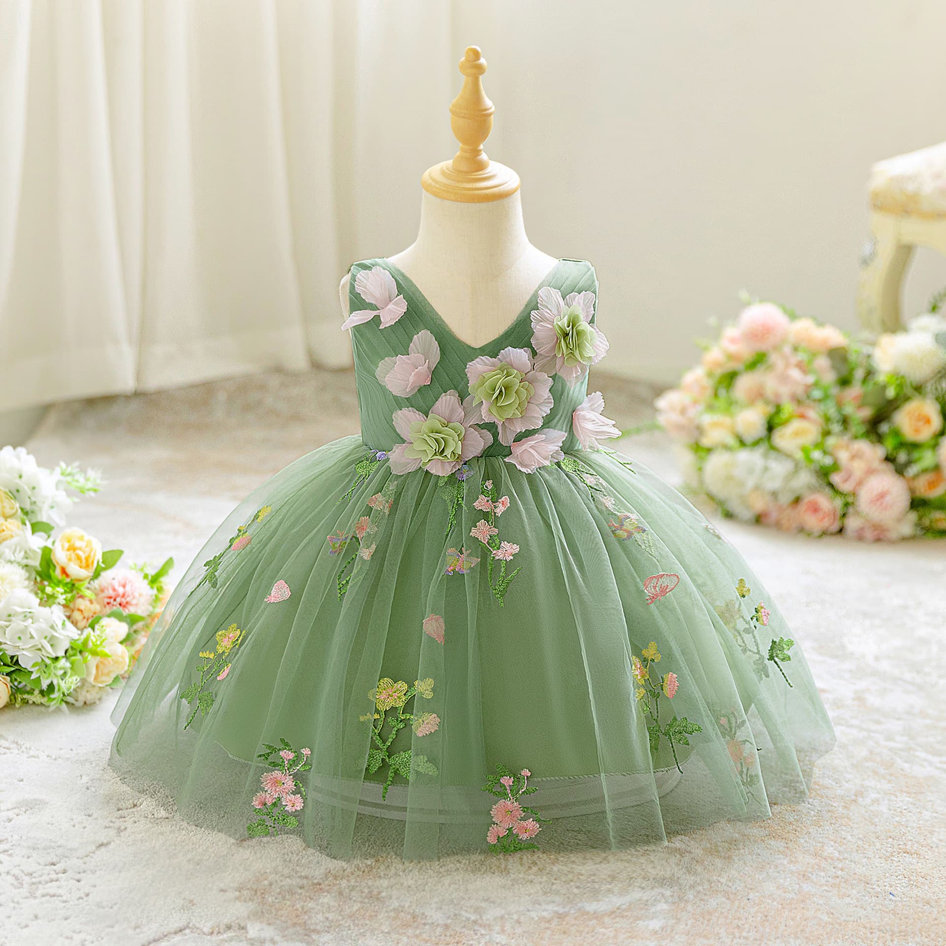 Baby Princess Dress with 3D Flowers and Butterfly Tulle Tutu for Toddlers, Children's Piano Performance Gown