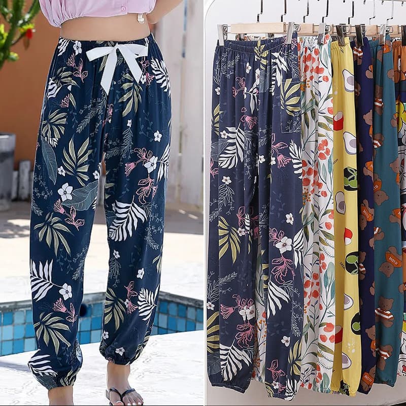 Women's Beach Pants Mosquito-Repellent Cotton Silk Thin Summer Ice Silk Elastic Cuffed Floral Long Pants Rayon Bloomers Casual Pants