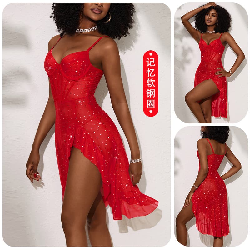 European and American hot girl style memory soft steel ring sequined mesh nightgown see-through high slit sexy private suspender skirt 8173