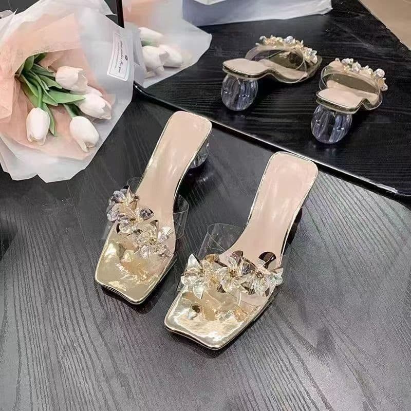 Chunky Heel Sandals 2025 Summer New Style Outdoor Rhinestone Crystal Fairy Transparent Fashion High Heel Slippers