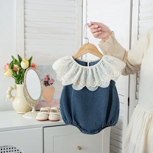 Girls' Washed Denim Dress Style Bodysuit Turn Down Collar Diaper Coverall Triangle Romper Summer Class A