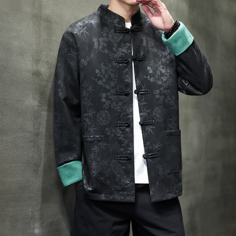 2025 Autumn/Winter New Men's Retro Trendy Jacket, Suede Printed Jacket, Chinese Style with Frog Buttons and Stand Collar