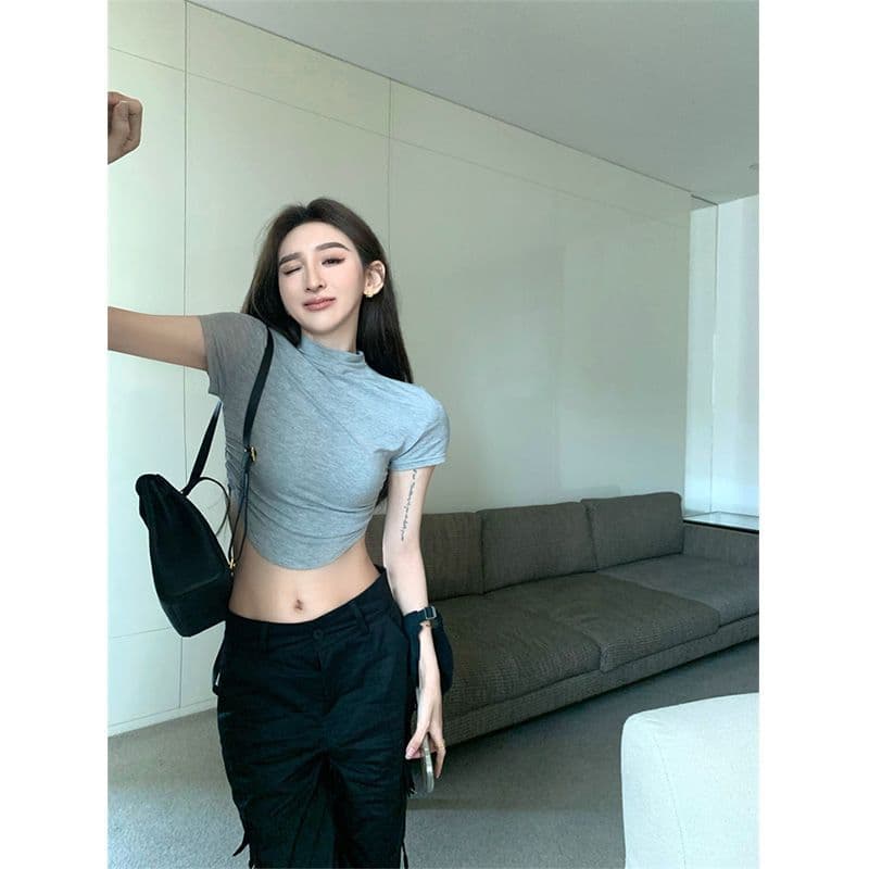 Summer Short Style Right Shoulder Slimming Look Short-Sleeved T-Shirt for Women with Pure Lust Atmosphere High Waist Exposed Navel Sweet and Spicy Tight Top