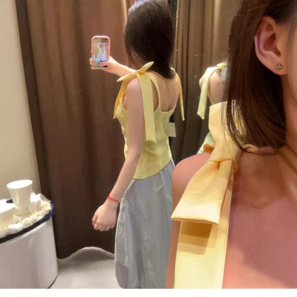 Beautiful Yellow Bowknot Camisole for Women, 2026 Summer Design, Niche Style, Slim Fit, Age-Reducing Sleeveless Top