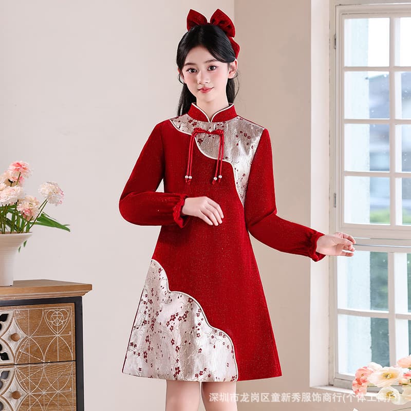 Girls' dresses in autumn and winter, big children's western-style stand-up collar princess dresses, little girls' new Chinese style winter velvet mid-length skirts