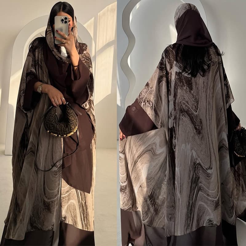 LN222 Women's Marble Pattern Ink Print Patchwork Cardigan with Batwing Sleeves and a Loose Fit, Long Coat