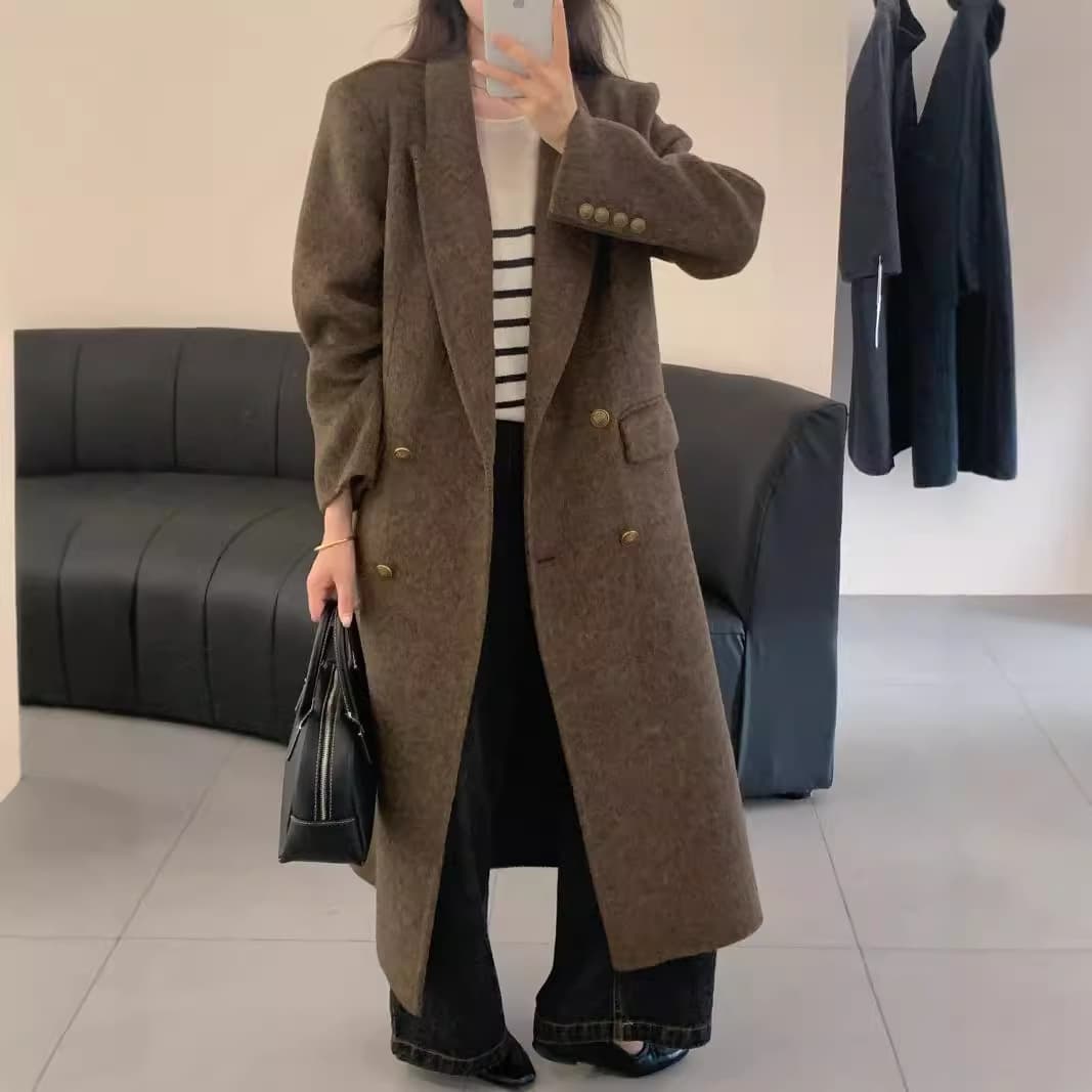 Hanyou Double-Breasted Copper Button Women's Premium Shoulder-Padded Extended Korean-Style Double-Faced Wool Coat Autumn/Winter