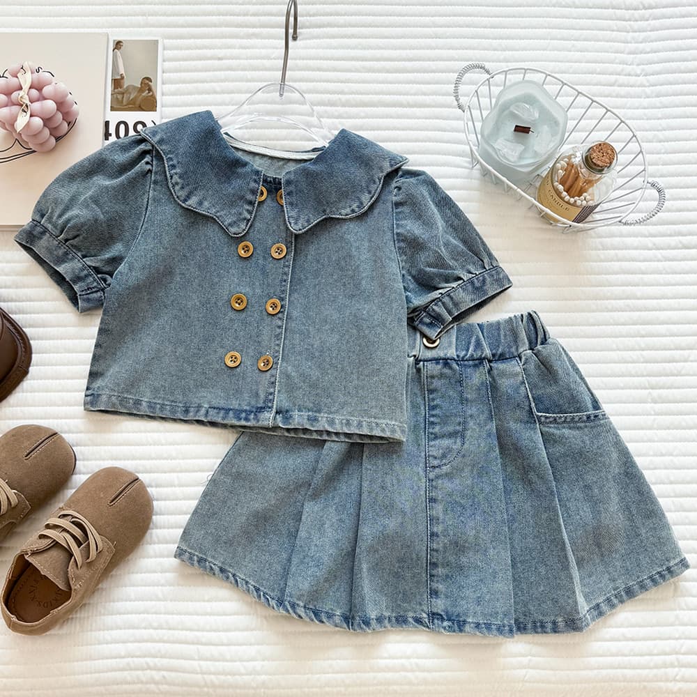 Girls Summer Denim Set 2026 New Children Short Sleeve Trendy Kids Denim Top and Skirt Two-Piece Set Fashionable