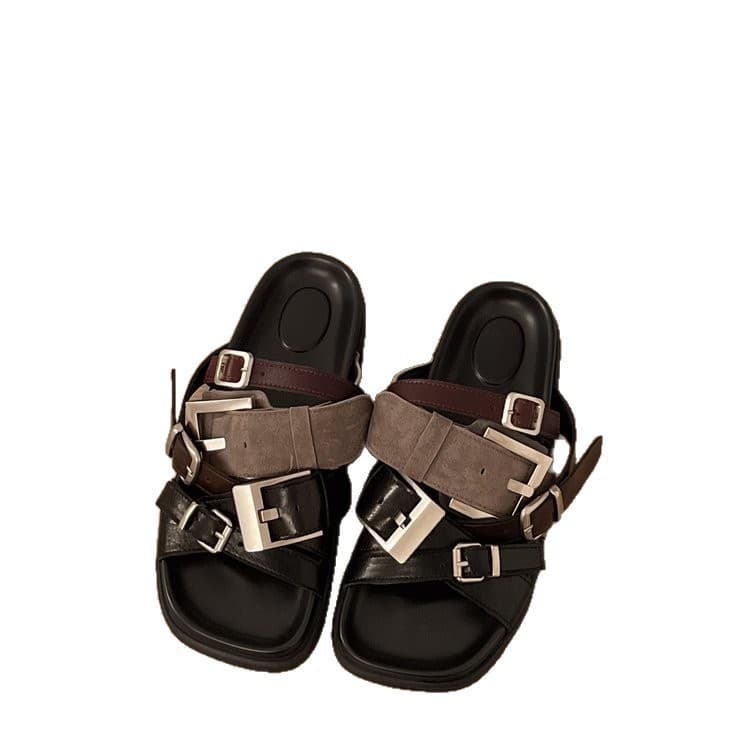 Comfortable Style Women's Sandals Multi-Buckle Slide Sandals Women Leather Buckle Square Toe Thick-Soled Sandals