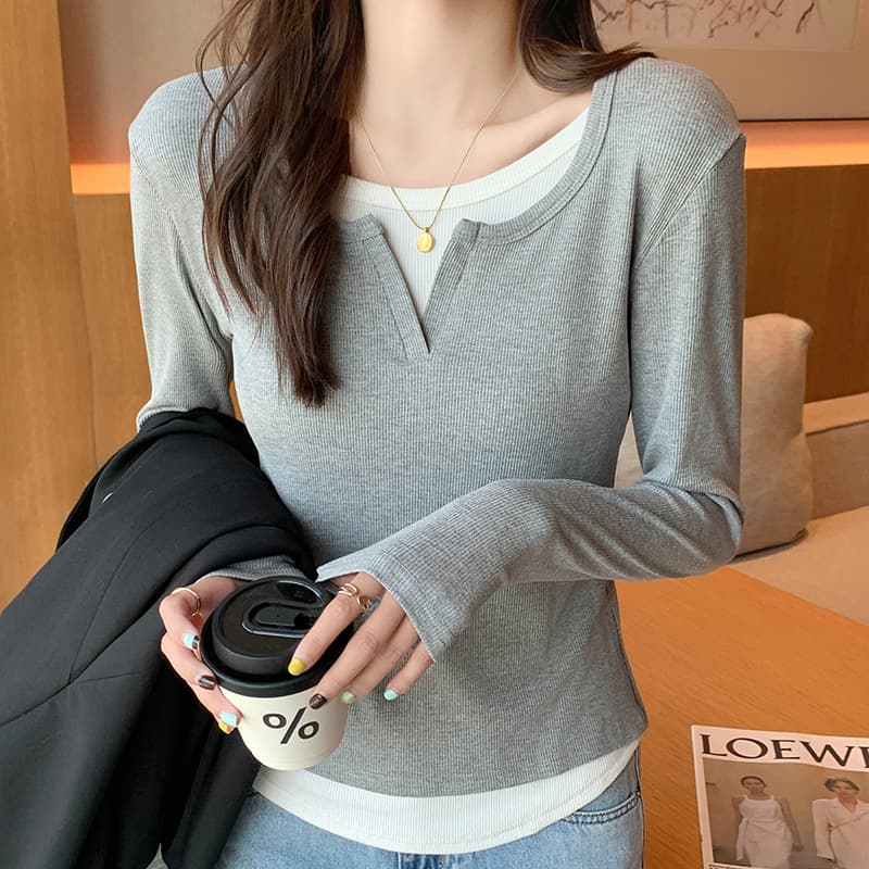 H261 fake two-piece design long-sleeve T-shirt women's autumn slim slimming unique beautiful top round neck base layer.