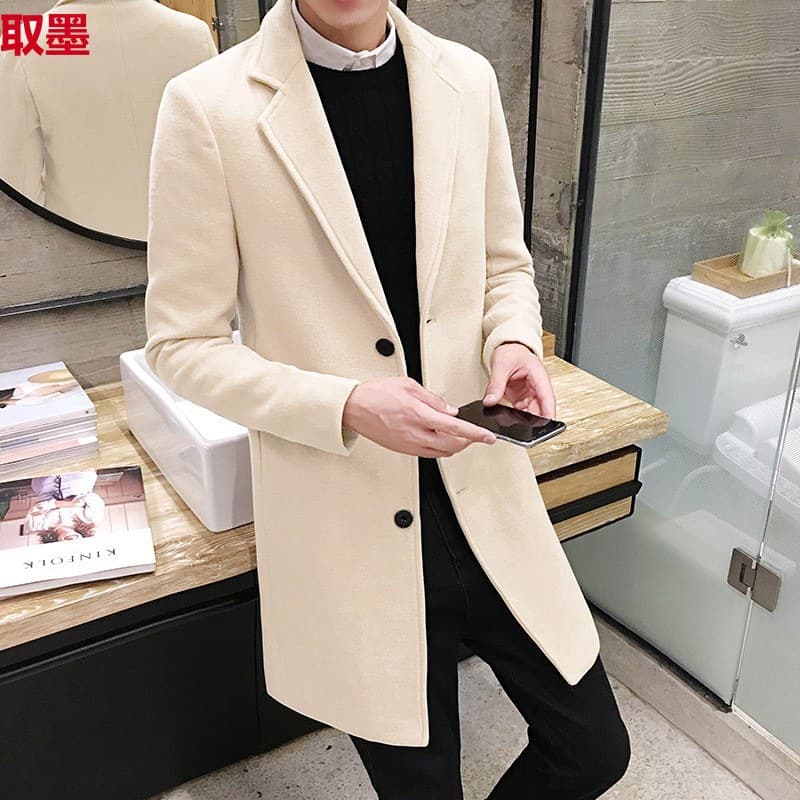Trendy Men's Mid-Length Thin Woolen Coat Spring Autumn British Style Casual Fashion Urban Pure Color Slim Fit No Hood
