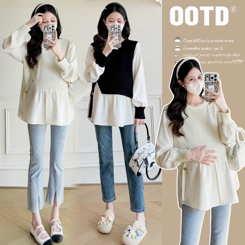 New spring and autumn trendy maternity top with patchwork design, split slit, faux two-piece shirt/doll top