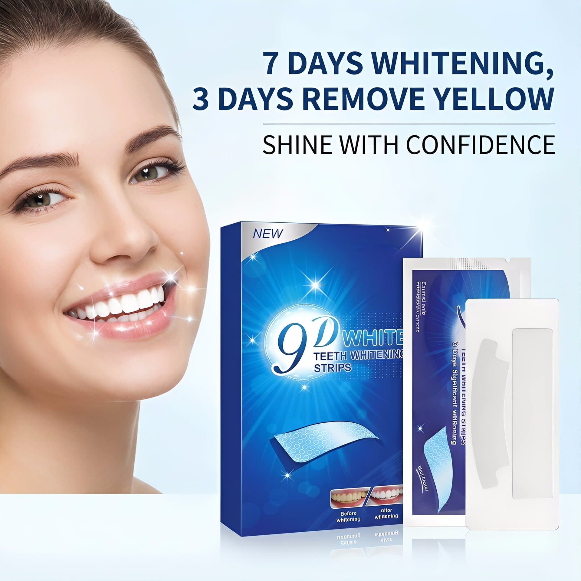 Cross-Border Hot Product 9D Whitening Teeth Strips Yellow Removal White Teeth Strips Dazzling White Remove Stains Clean Teeth Strips Remove Tartar 7 Pairs 14 Strips
