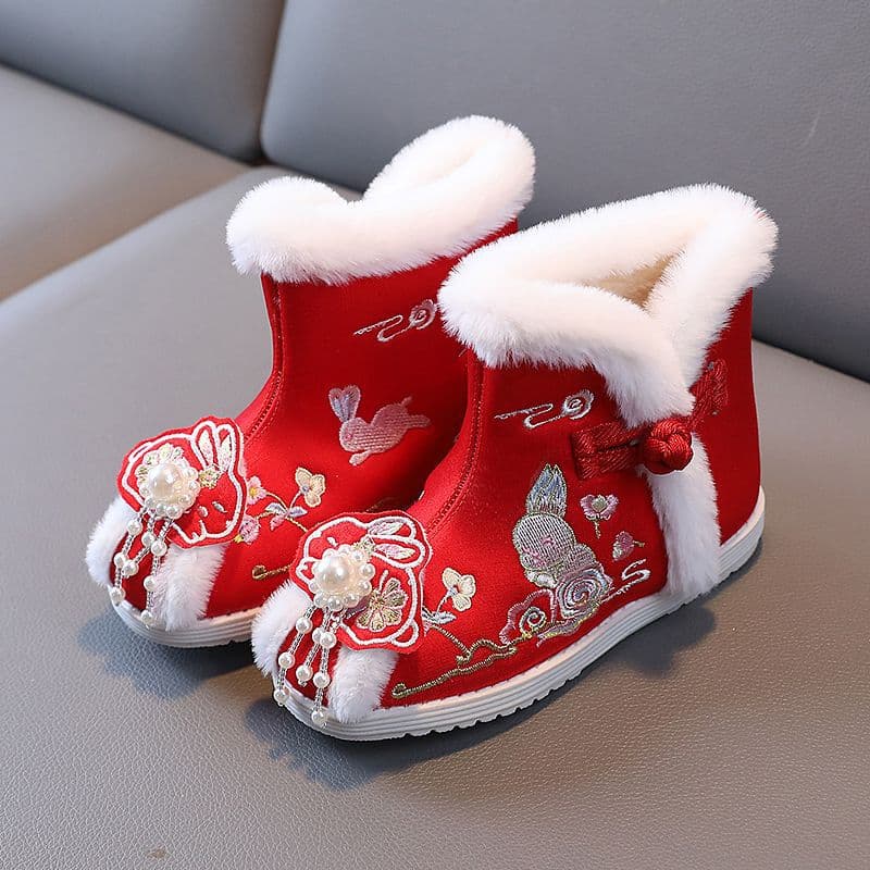 Girls' Embroidered Shoes, Children's Hanfu Shoes Rabbit Style, Ethnic Style Children's Snow Boots, Chinese Style Children's Ancient Costume Cotton Shoes