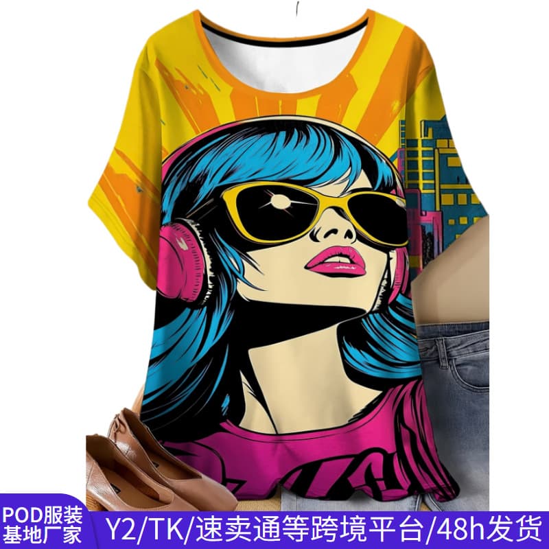 AliExpress Plus Size Short Sleeve T-Shirt Summer Loose Slimming Round Neck Top Trendy Print Plus Size Cross-Border Women's Clothing