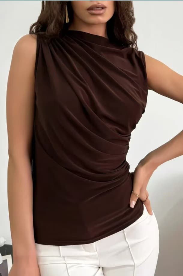 2024 Spring/Summer New Women's Fashion Versatile Solid Color Pleated Sleeveless Pullover Half High Neck T-Shirt