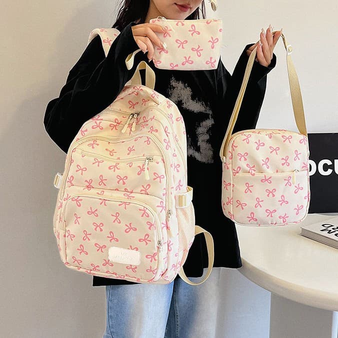 Casual Trendy Backpack Cross-Border New Large Capacity 3-Piece Set Middle School Student Schoolbag Korean Style Bow Backpack