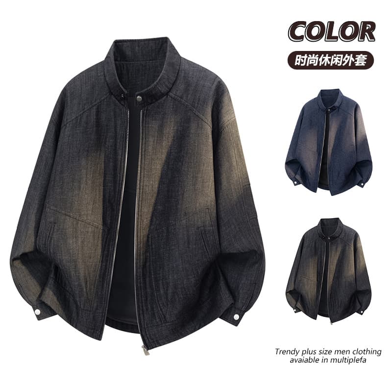 Advanced Focus Texas High Acid Tide Brand Motorcycle Stand Collar Denim Jacket Men's American Workwear Denim Clip