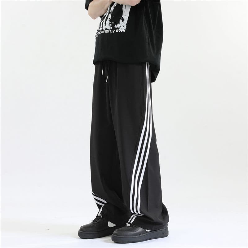 Korean High-Street Trendy Three-Stripe Casual Pants for Men, Thin, Loose-Fitting, Versatile Wide-Leg Sweatpants for Women