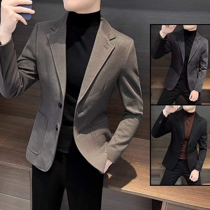Men's Woolen Suit Jacket Casual Korean Style Winter Fashionable Coat Polyester Fiber Long Sleeve Pocket Design Business Wear