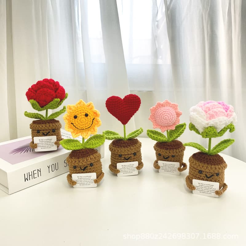 Cross-border Hand-knitted Crochet Potato Potted with Funny Face, Cute Expression Ornament, Sunflower Gift Doll