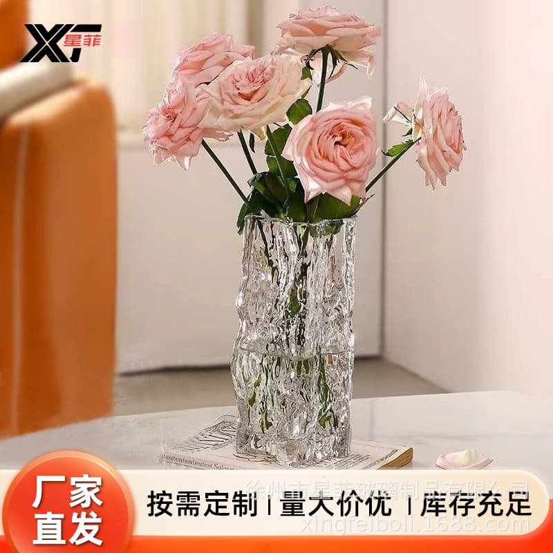Factory wholesale glass vase, luxury high-end style, ins-style wide-mouth desktop fresh flower vase, transparent water-filled flower vase