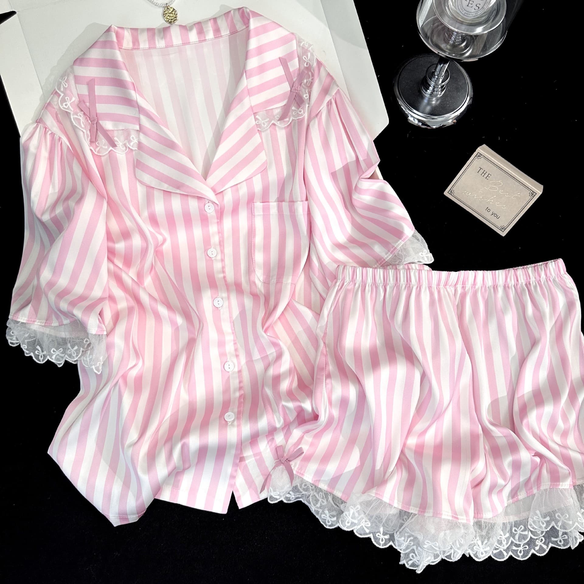 Striped Bow Polka Dot Korean Style Pink Women's Homewear Short Sleeve Shorts Pajamas Premium Lace Trim Elegant