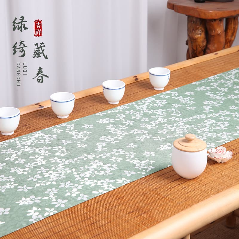 Zen double-sided waterproof tea mat, green spring hidden tassel table runner, auspicious cloud tea banner high-end tea cloth