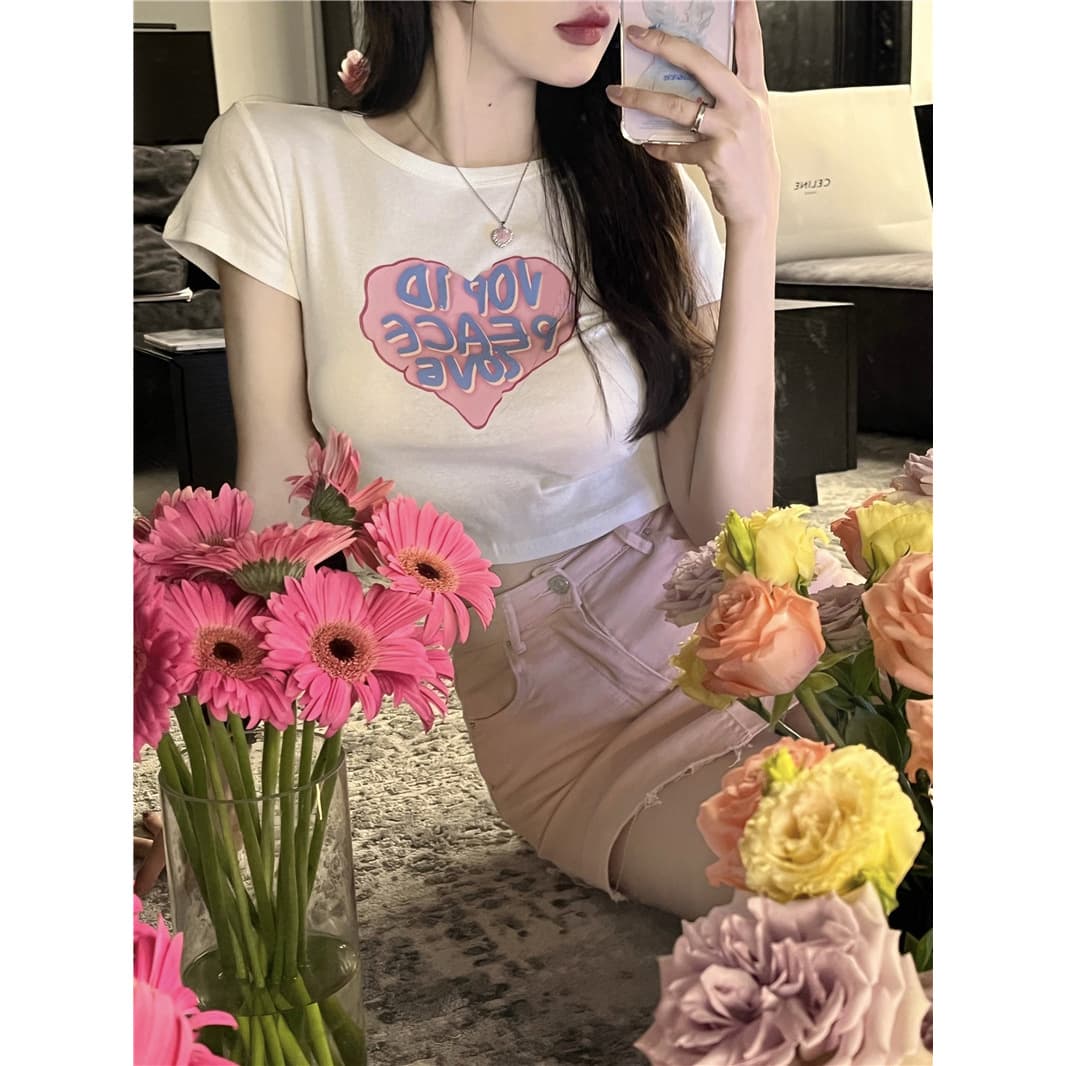 Jiangyi Cross-border White Crop Top Printed Short Sleeve T-Shirt for Women 2026 Summer Southeast Asia Sister Sweet Spicy Top