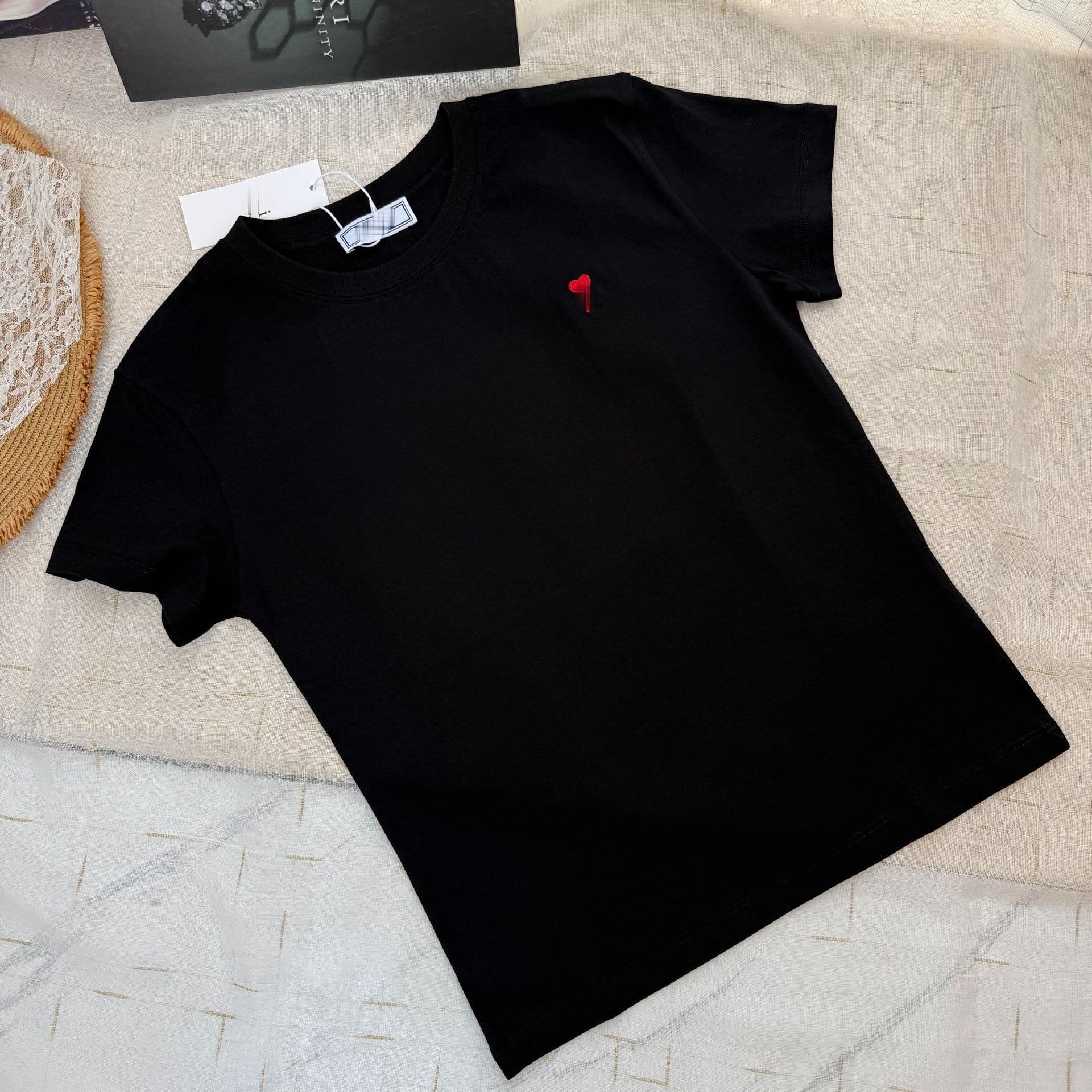 Am/High Version 26 Spring/Summer Classic Chest Logo Flocked Cotton T-Shirt Short Sleeve Women's Round Neck Solid Casual