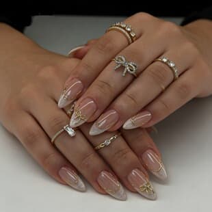 24-Piece Box Export Hot-Selling French Gilt 3D Bow European-American Almond Removable Press-On Nails Finished Product