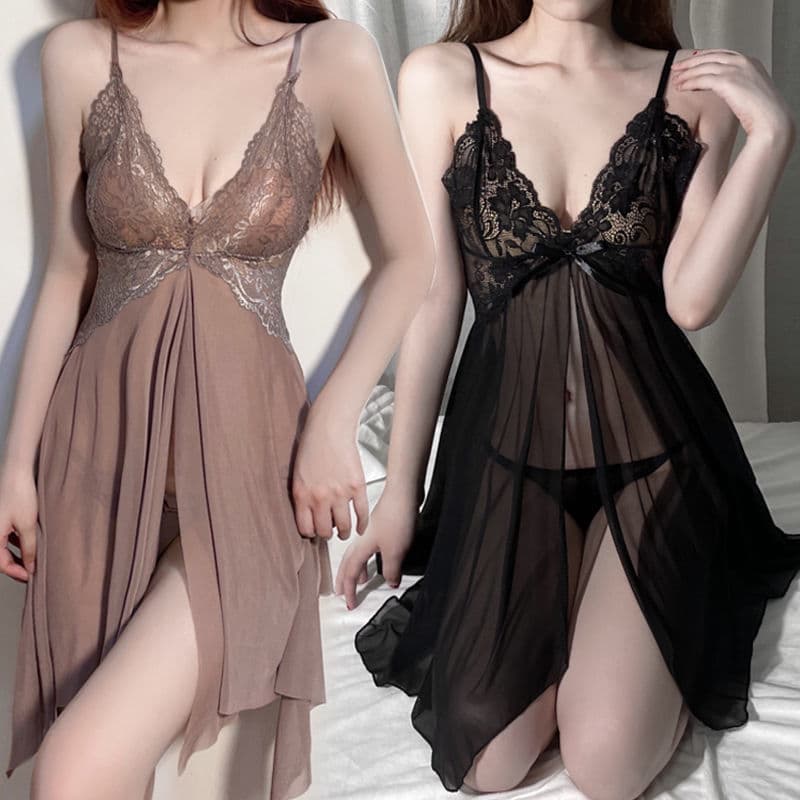 Plus Size Lingerie Sexy Sleepwear Women's Pure Desire Strappy Lace Mesh Sheer Nightgown