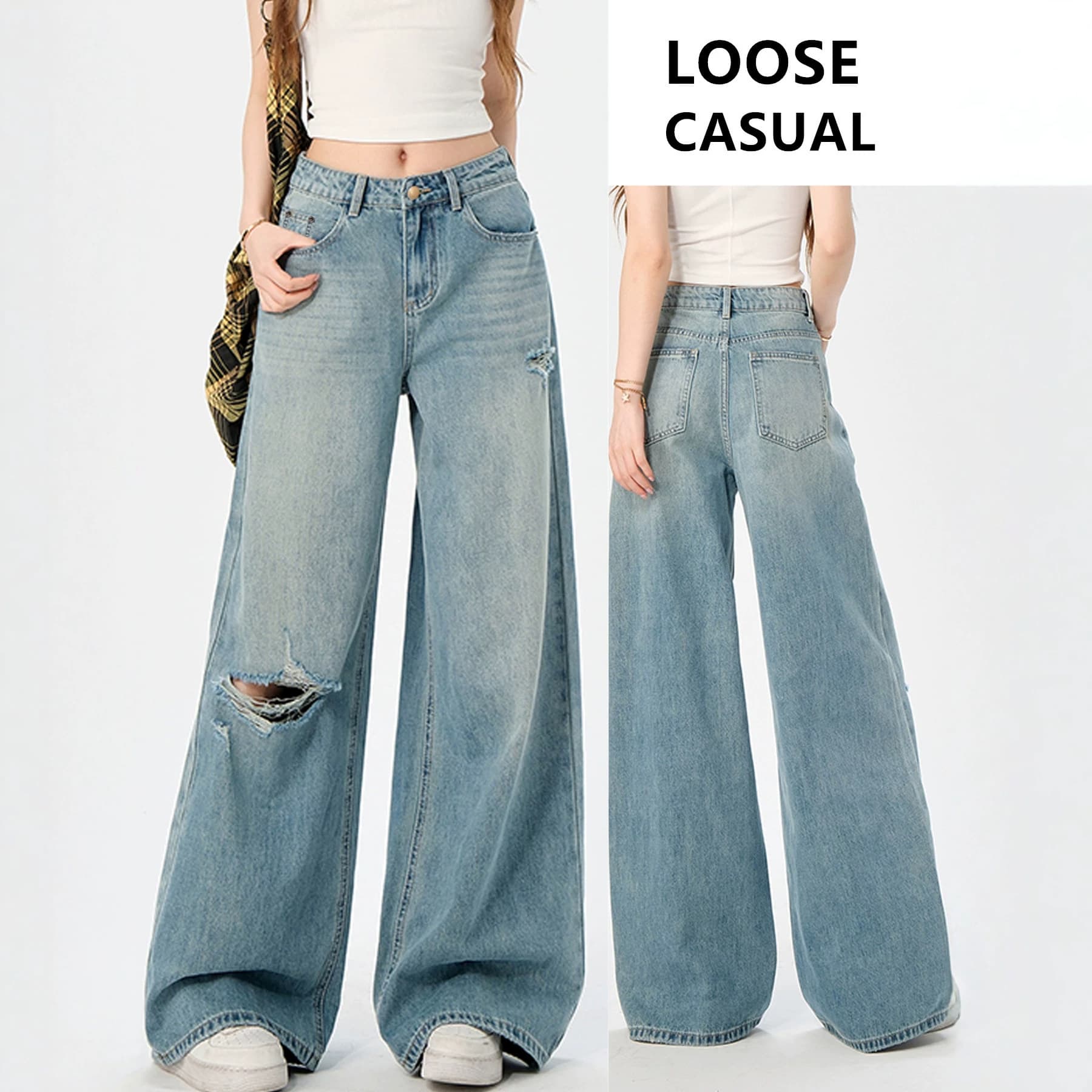 QXEK homemade blue cow torn pants! Washed and worn wide-leg pants for summer, thin straight jeans for women