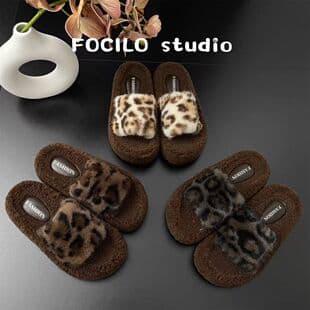 Export leopard print thick-soled fluffy slippers for women, outdoor wear 2025 new style, autumn and winter fashion home plush cotton slippers for women