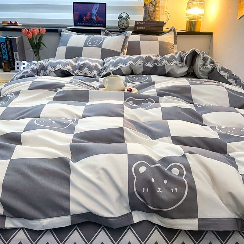 Washed cotton minimalist four-piece bed sheet set, bedding, student dormitory, all seasons, three-piece duvet cover, single piece.