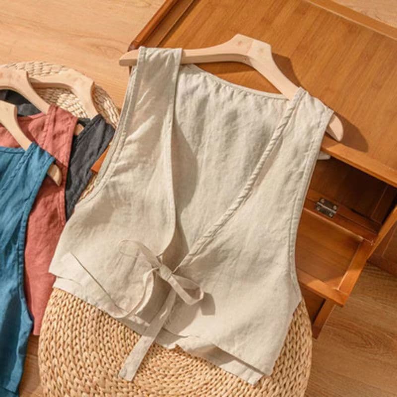 All-Match Ethnic Style Cotton Linen Solid Lace-Up Vest Women's Artistic Retro New Loose Trendy Top