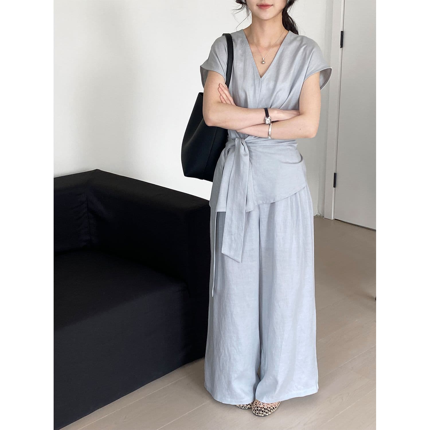 Special Offer - Non-returnable: Hemp V-Neck Tie-Waist Blouse & Wide-Leg Pants Set 6066