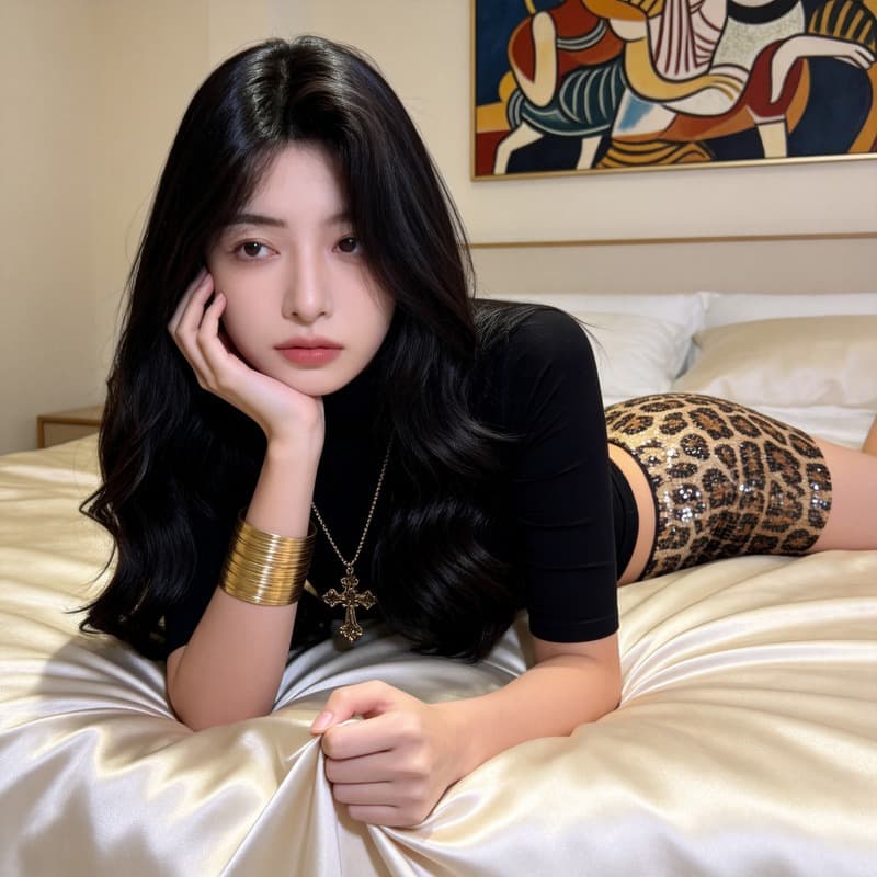 Banrixian European and American Ins Style Temptation Two-Piece Set: Black Half-Turtleneck Fitted T-Shirt with Sequin Leopard Print Bodycon Mini Skirt