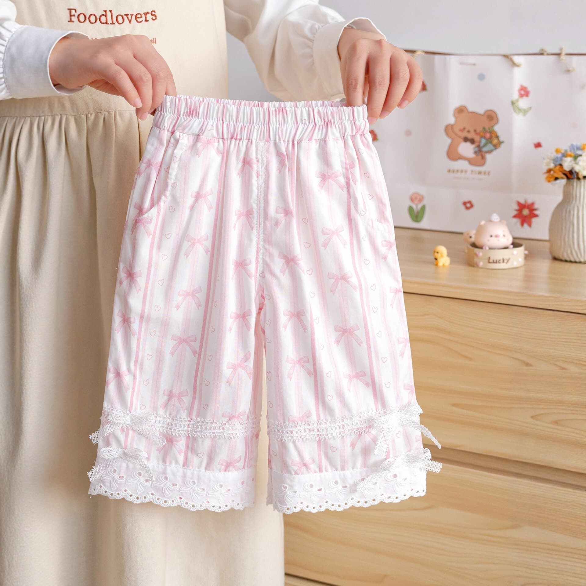 2026 Summer New Girls Sweet Lace Bow Casual Long Pants Kids Solid Color Printed Straight Lace Trim Pants