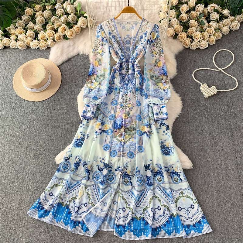 Palace style retro printed deep V-neck lantern sleeve dress for women spring and autumn single-breasted waist-cinching elegant slit long skirt