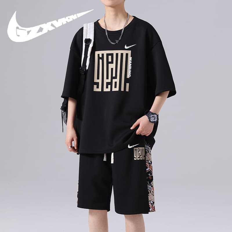 Summer Thin Korean Casual Letter Print Men's Set, Trendy Brand Round Neck Short Sleeve Hong Kong Style Sportswear Two-Piece Set