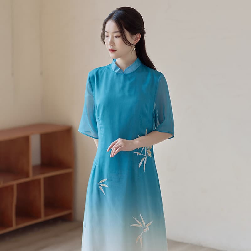 2024 Spring/Summer Retro Chinese Style Modified Cheongsam Zen Tea Ceremony Dress Dance Dress Chiffon Short Sleeve Dress for Women