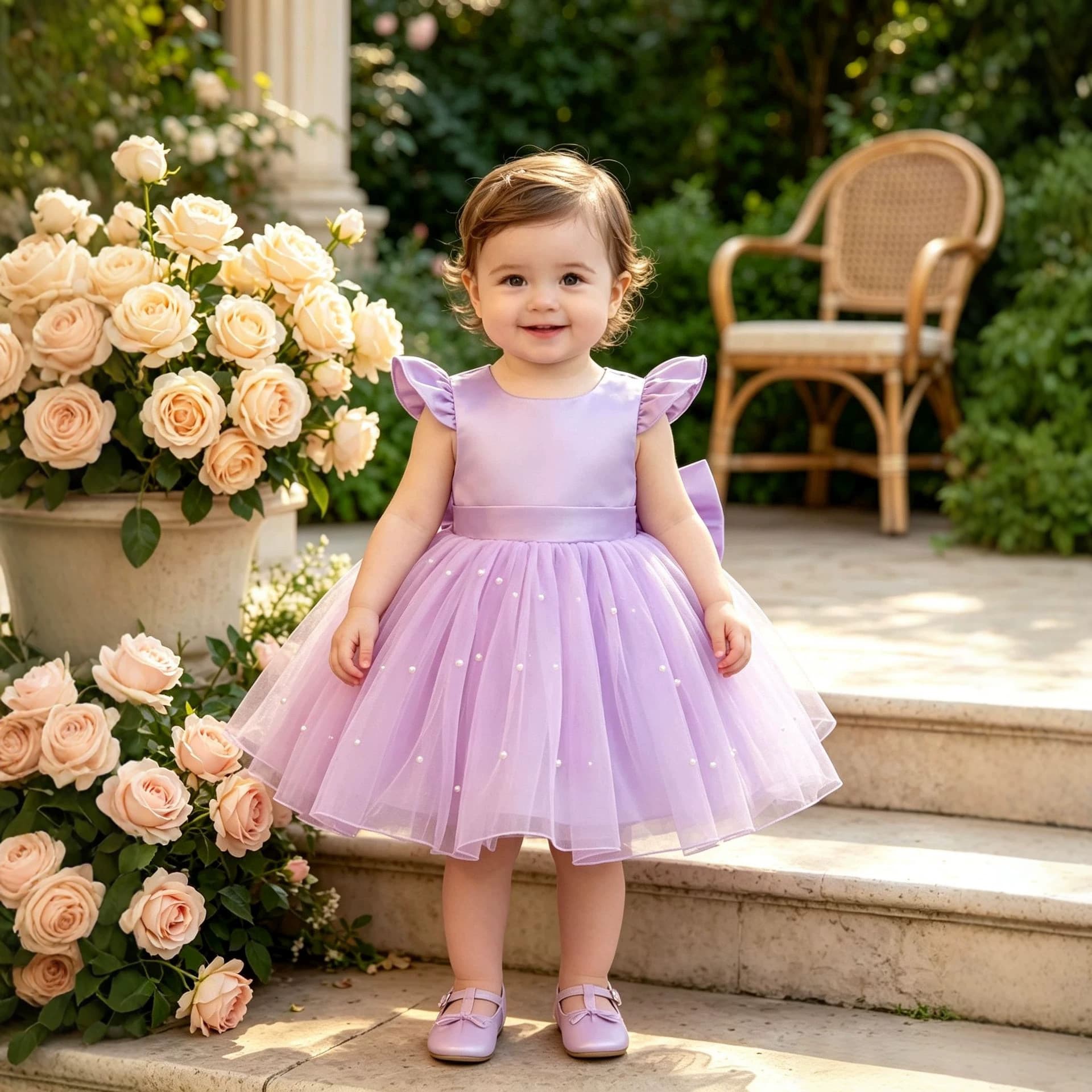 Baby Girl Light Satin First Birthday Dress with Butterfly Sleeves, Pearl Mesh Skirt, and Large Back Bow Princess Dress