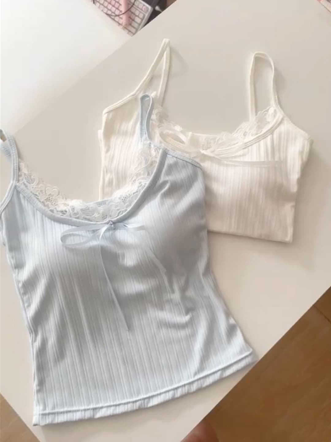 Pure and Alluring BM Style Gentle Bow Lace Trim Padded Camisole Top Women Summer Inner Layering Basic Top