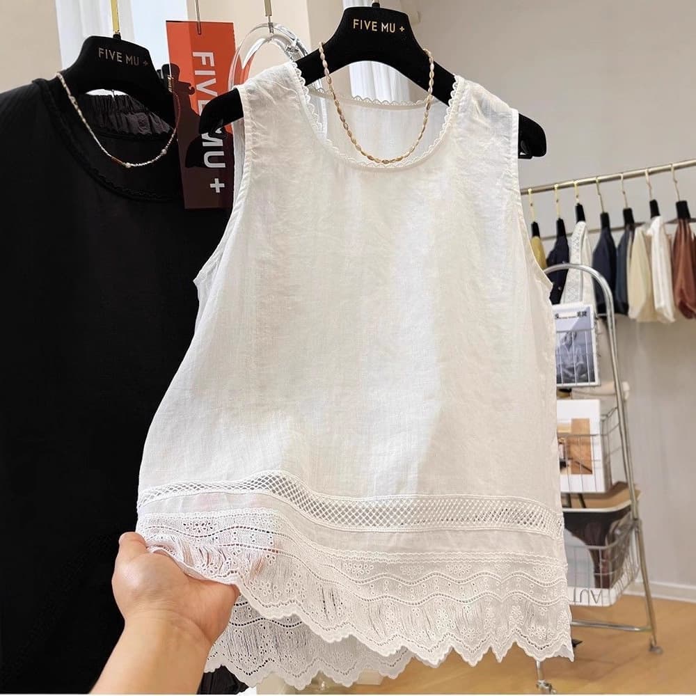 French Lace Trim Linen Vest T-Shirt for Women Summer Thin Style High-End Loose Layering Cotton Linen Sleeveless Top