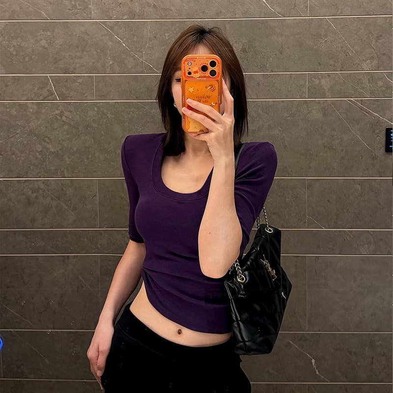 U-Neck Short Sleeve T-Shirt for Women Spring Summer 2026 New Mid-Sleeve Slim Fit Inner Layering Hot Girl Pure Desire Style Slimming Half Sleeve Top